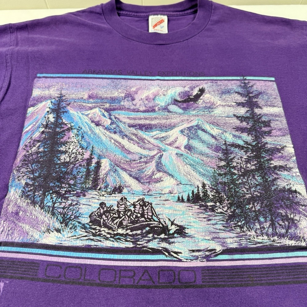 VTG 1992 Glitter Graphic T Shirt L Arkansas River Rafting Colorado Purple USA - Picture 8 of 16